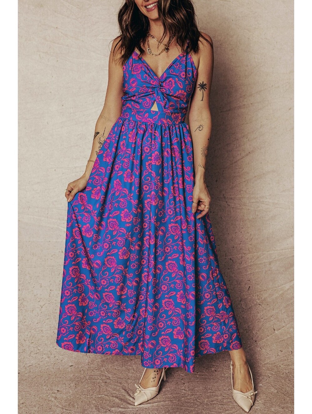 Bohemian Style Blue and Pink Floral Maxi Dress with Back Tie Detail